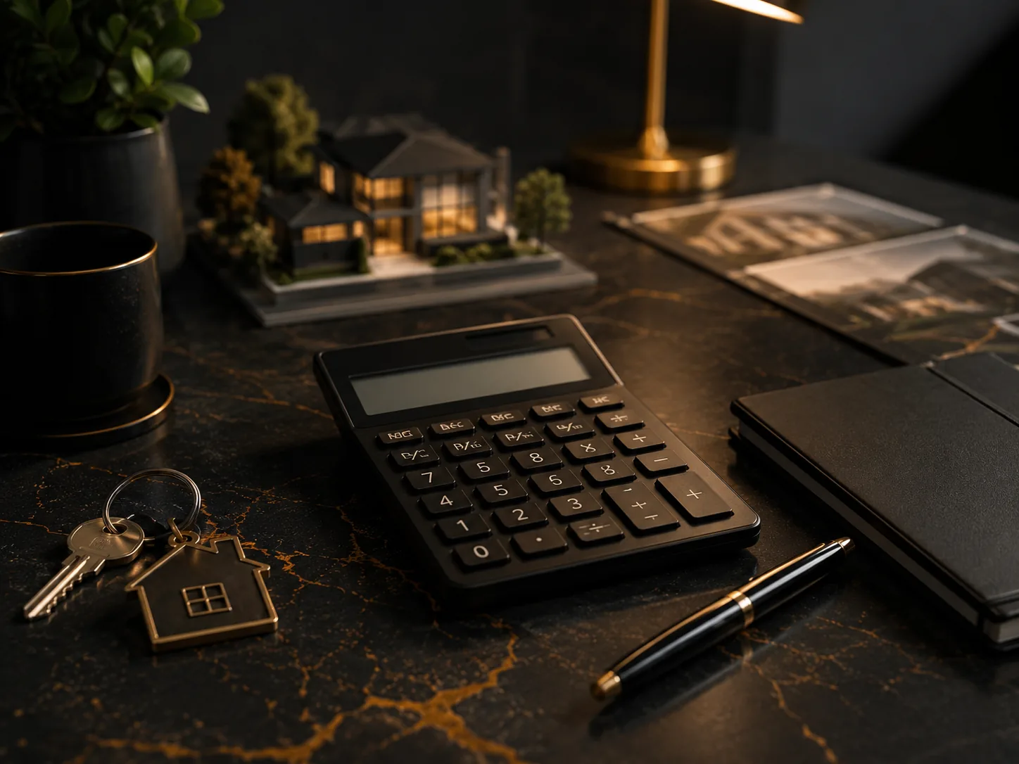 Premium property desk with calculator and keys